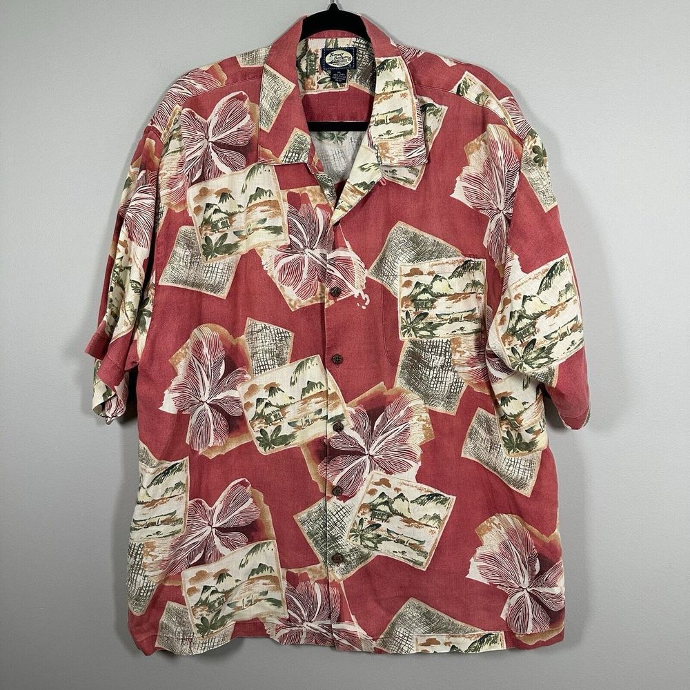Tommy Bahama XLarge Pink Floral Hawaiian 100% Linen Short SleeveButton Up‎ Shirt